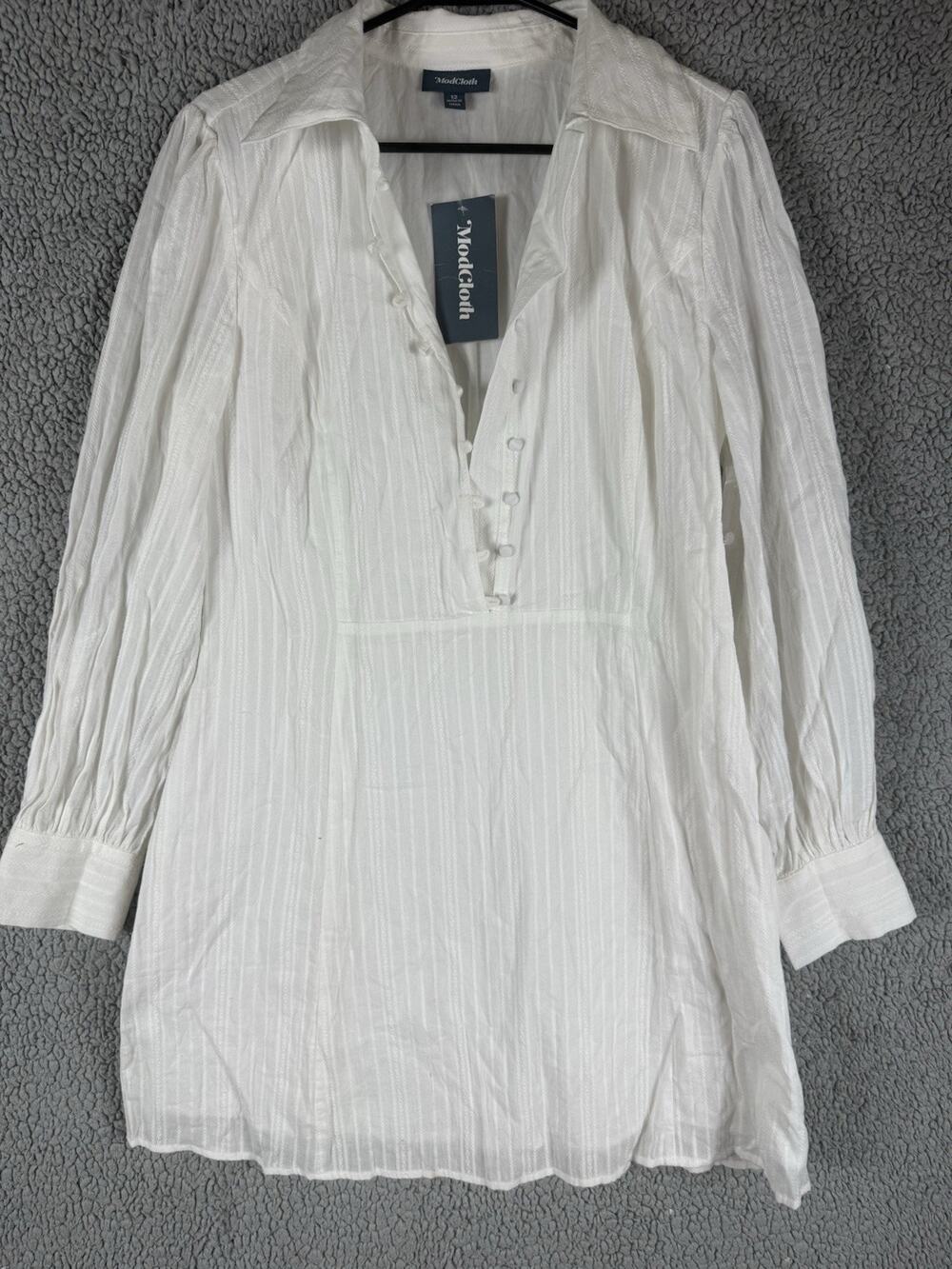 ModCloth White Cotton Success Story Shirt Dress Women Size 12 NWT